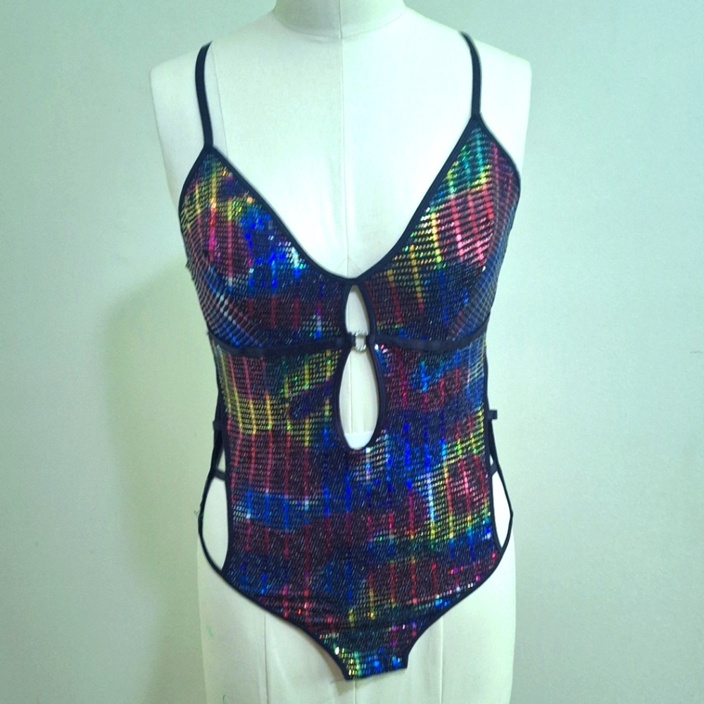 Black Fuchsia‎ By Secret Lace Plus Size Rainbow Sequin Panel Bodysuit NWT XL